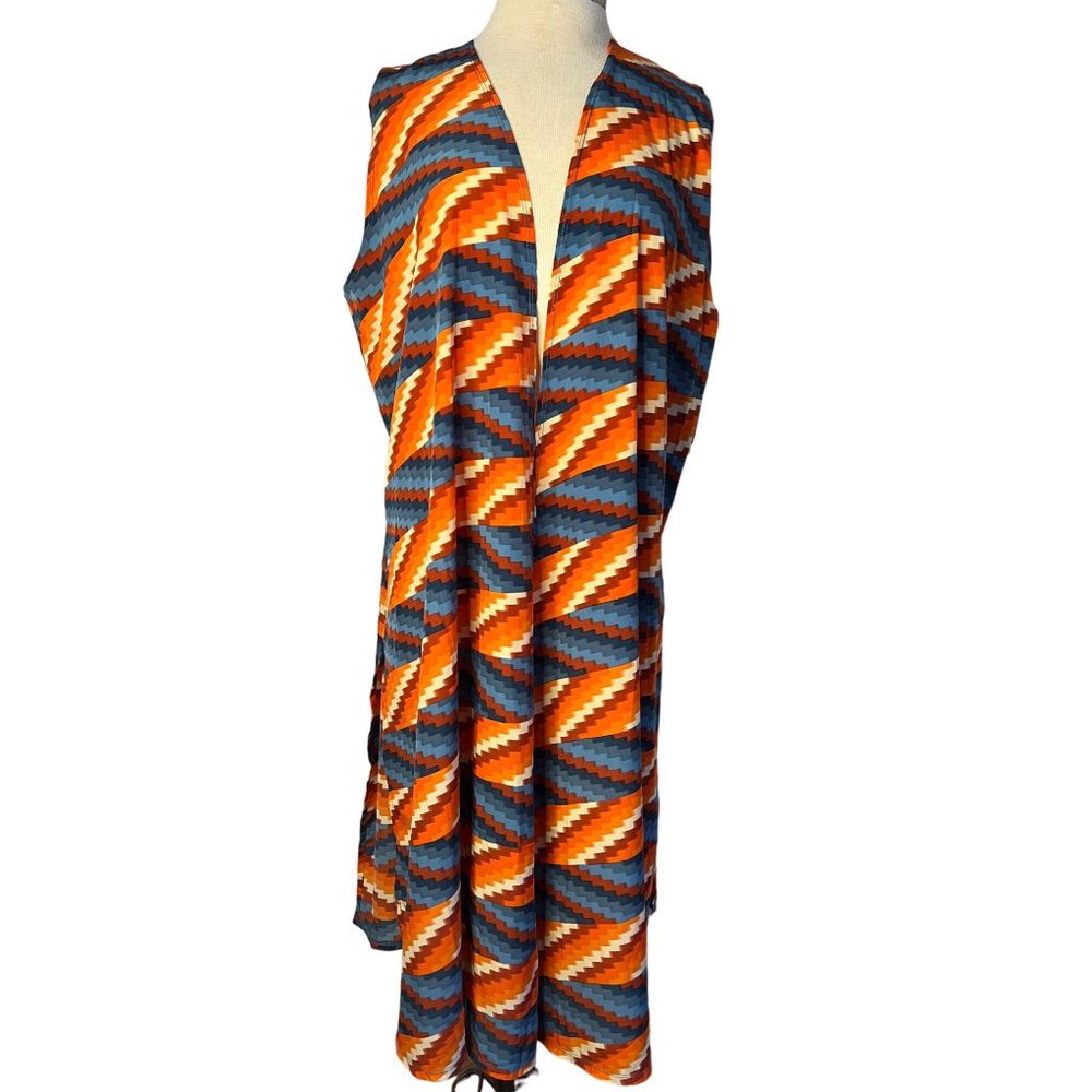 NW T Lula Roe Large Open Front Cardigan Size Large Red Orange Blue Aztec Long Sl